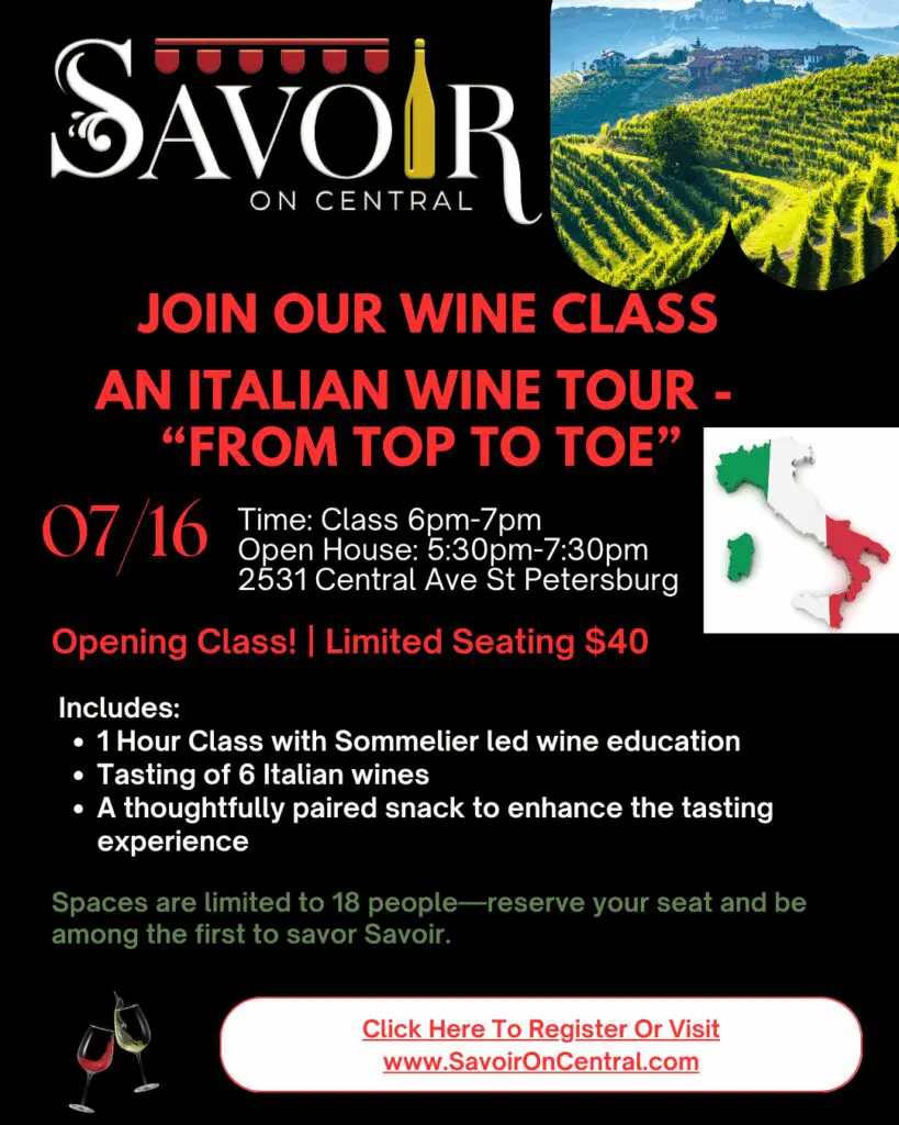 Savoir wine class flyer: Italian wine tour