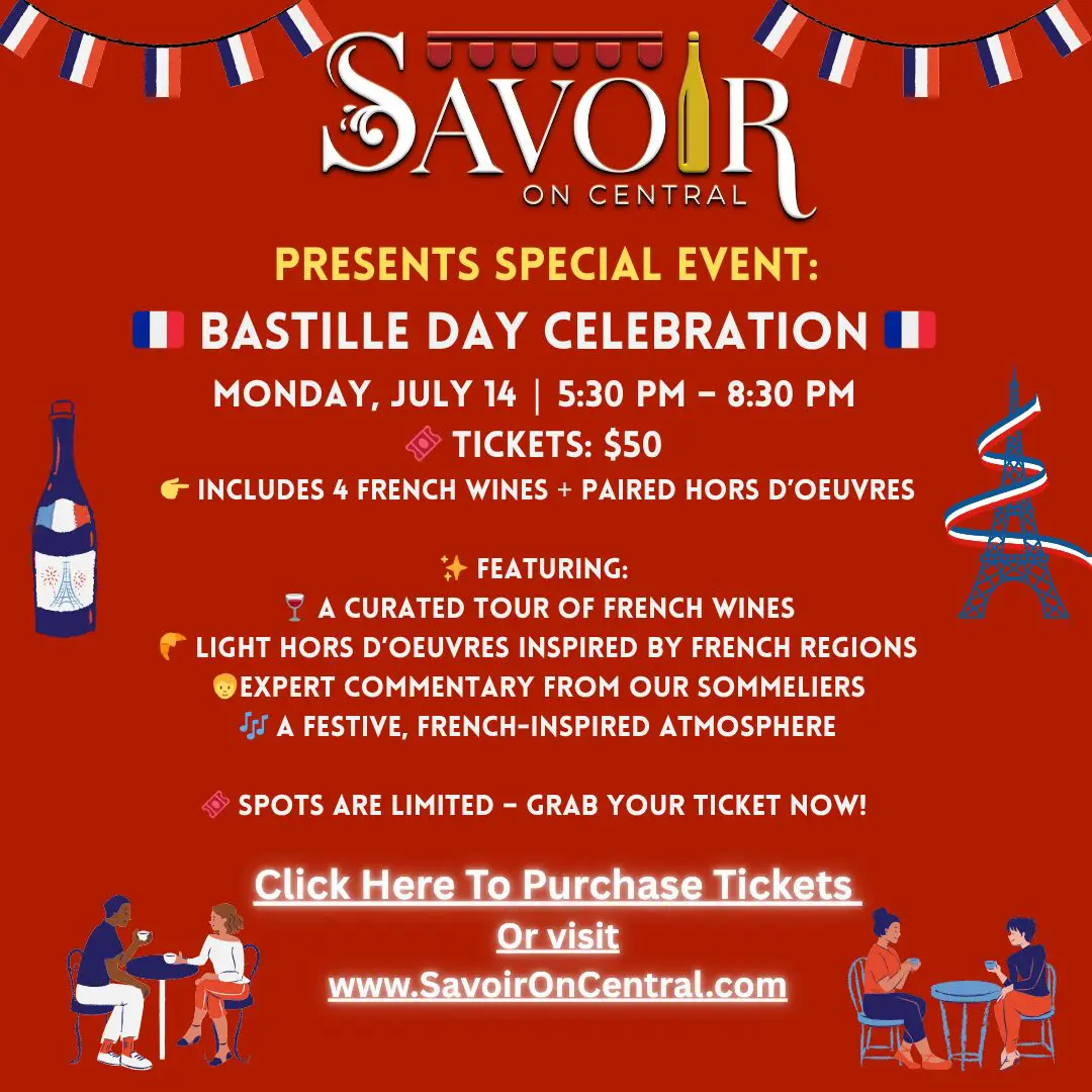Bastille Day celebration poster featuring French wine