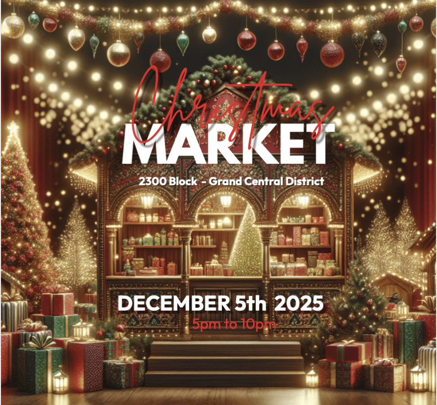 Christmas market booth with twinkling lights