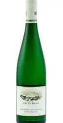 Tall green wine bottle with white label