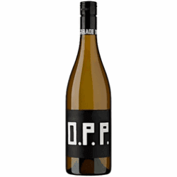 White wine bottle with black O.P.P. label