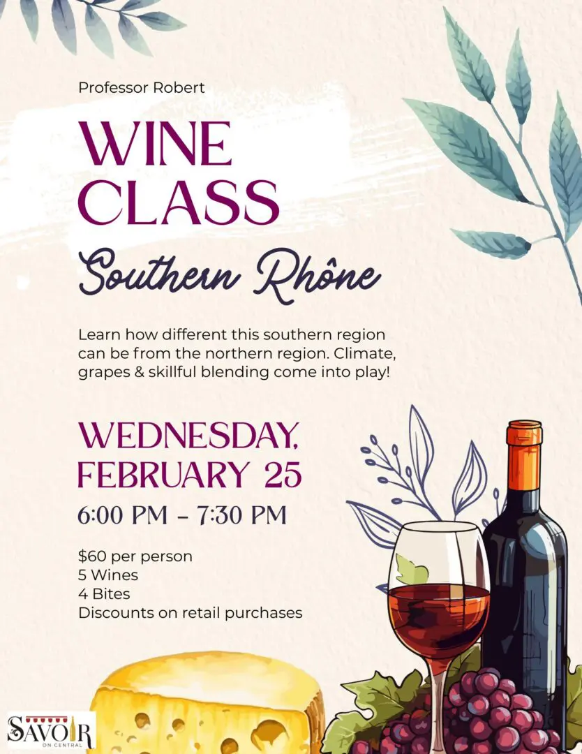 Wine class flyer showing bottle, glass, cheese