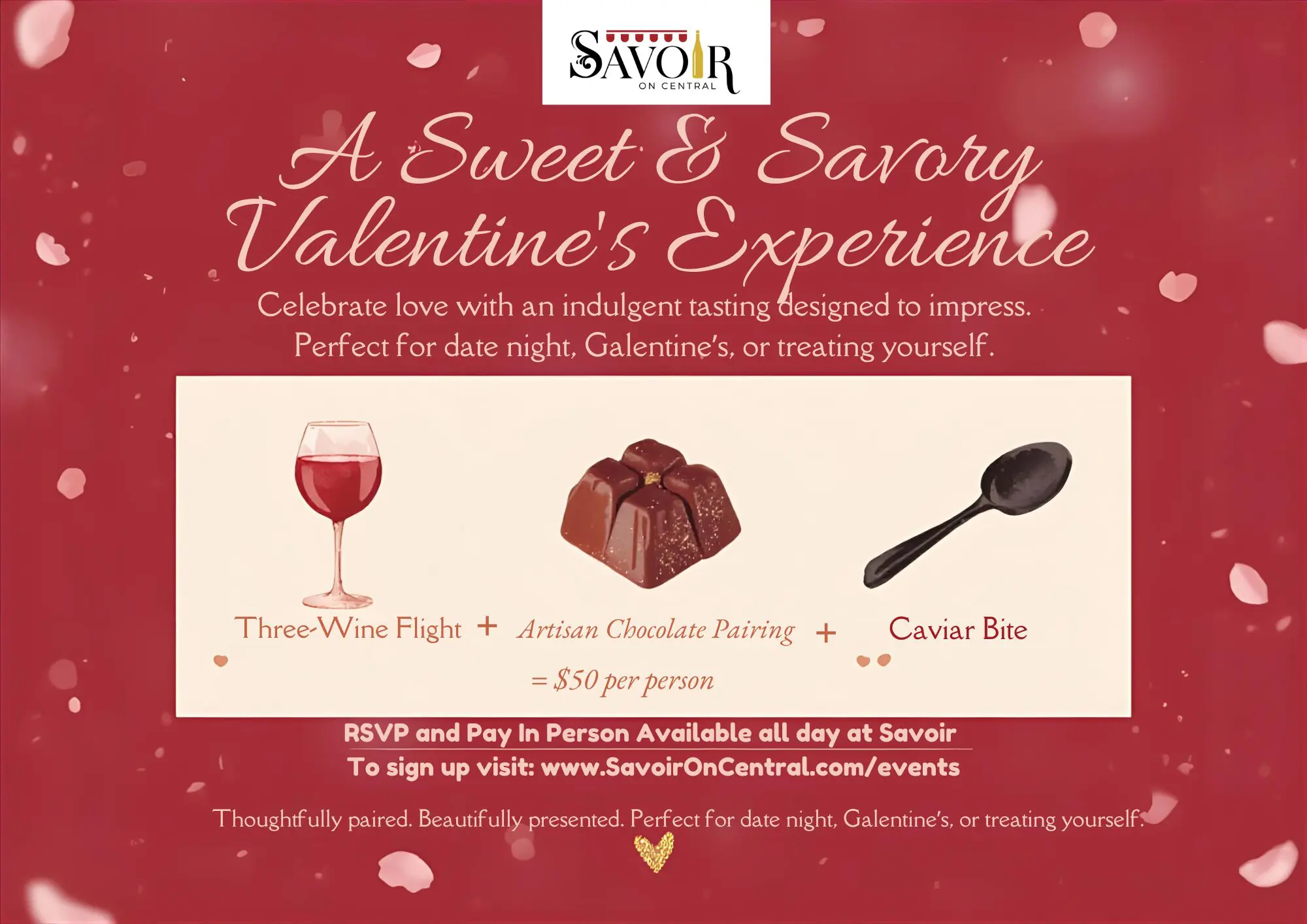 Valentine's tasting flyer with wine, chocolate, caviar