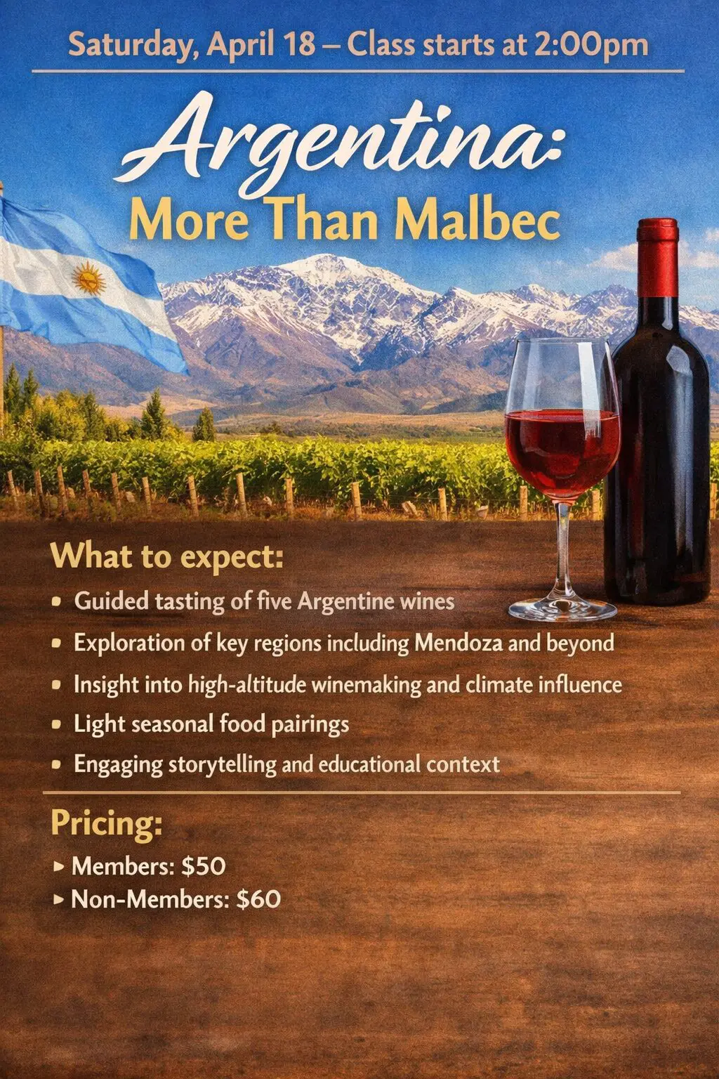 Argentina wine tasting poster with bottle, glass