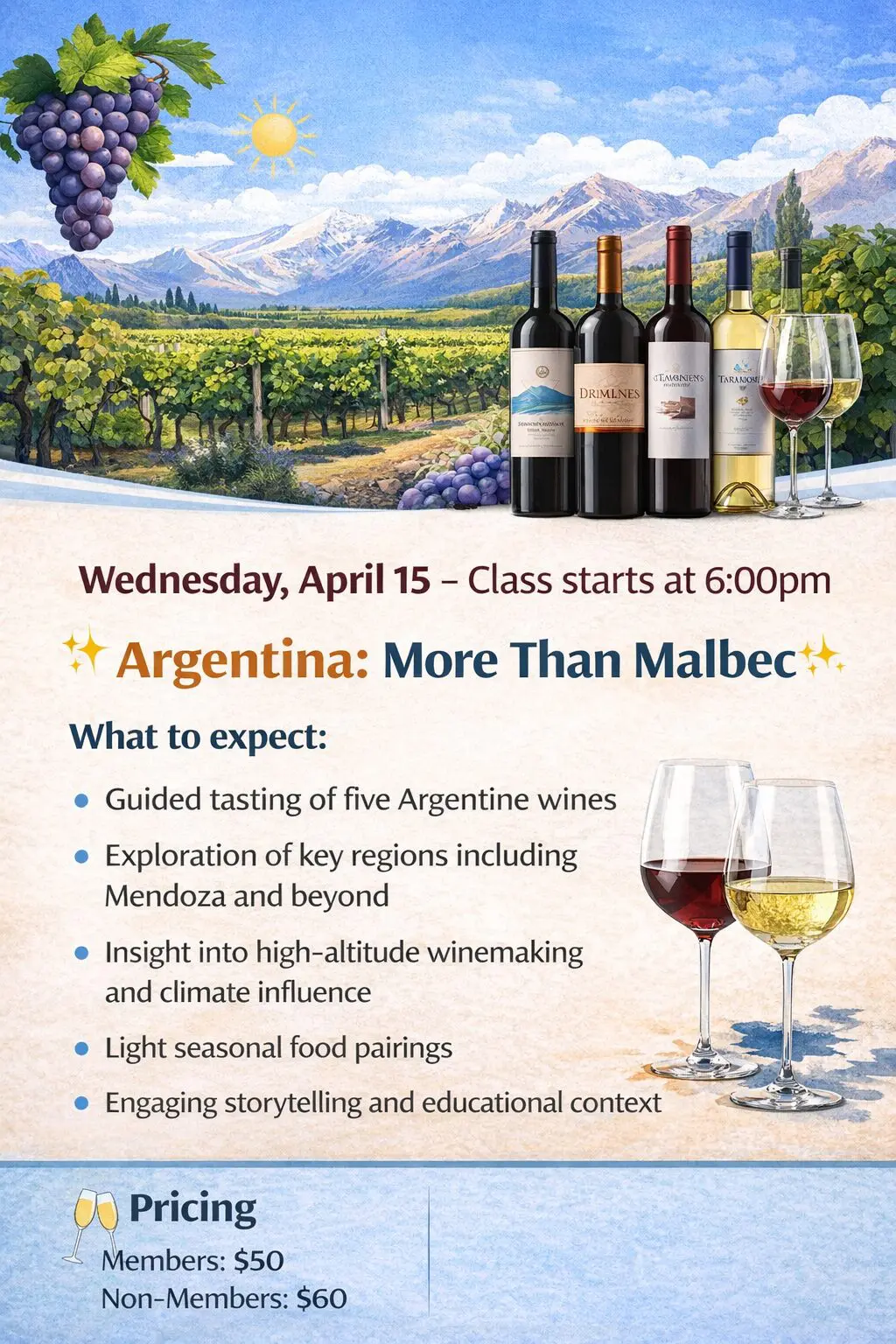 Argentina wine tasting flyer with bottles, glasses