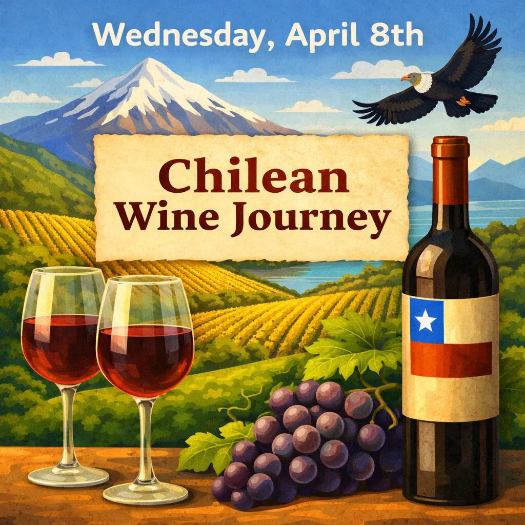 Chilean wine bottle, two glasses, vineyard view