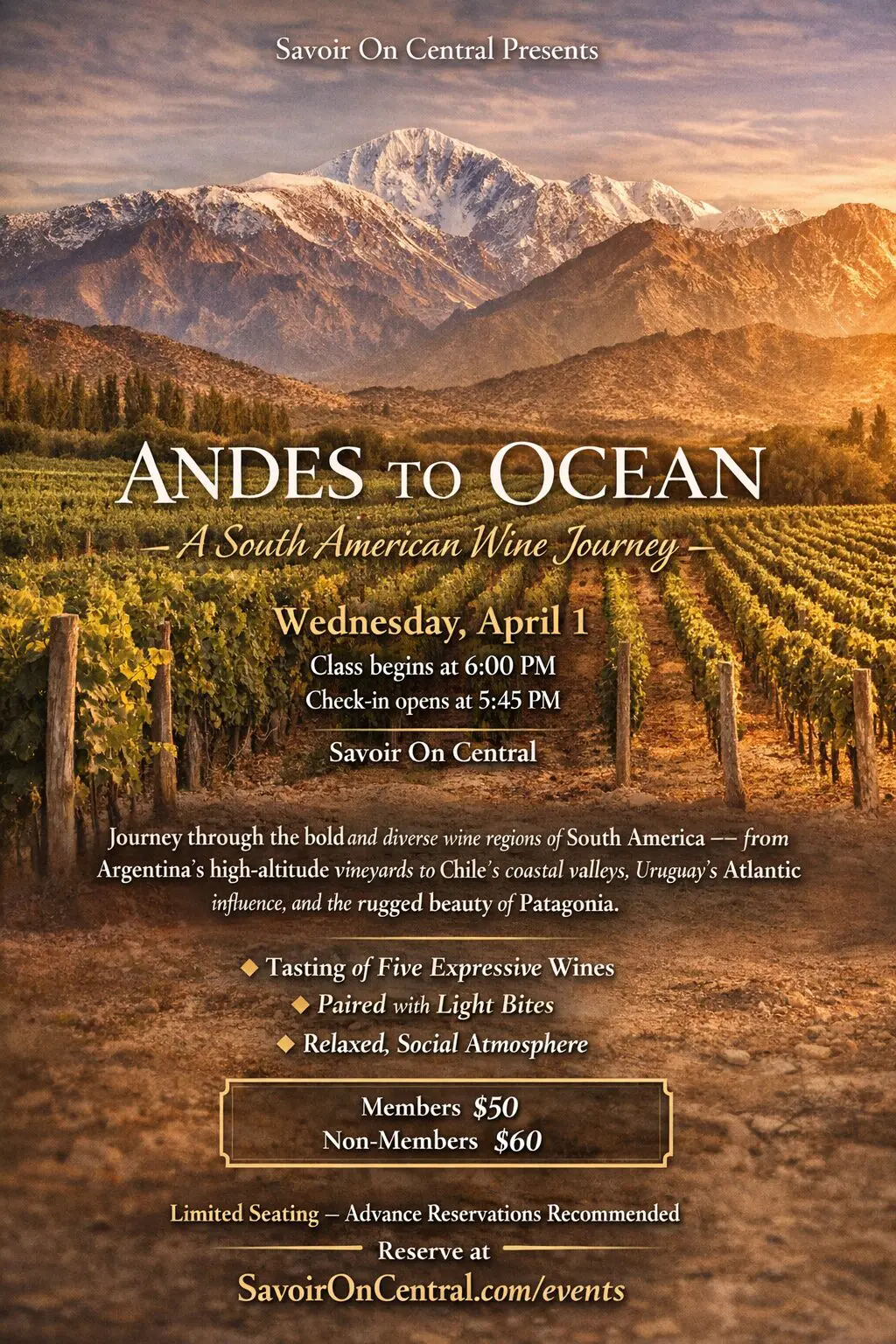 Sunlit vineyard with Andes mountains in background