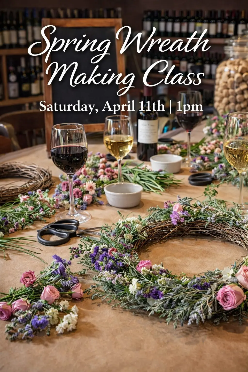 Spring wreath class with wine and flowers