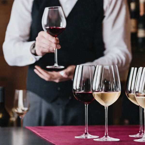 A man holding a wine glass in front of four glasses.