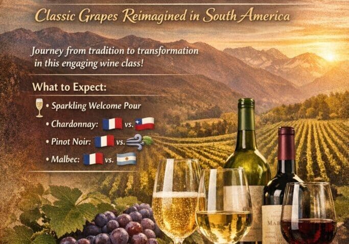 Wine tasting poster with bottles and vineyard