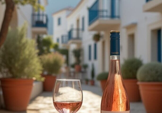 Sunlit Mediterranean alley with rosé picnic